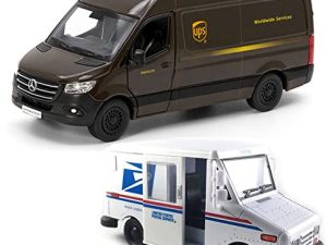 UPS Mercedes-Benz Sprinter + United States Postal Mail Truck Grumman LLV 5 Inch Die Cast Metal Model Toys SetOf2