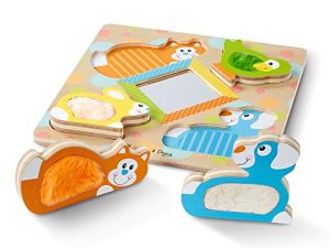 Melissa & Doug First Play Wooden Touch and Feel Puzzle Peek-a-Boo Pets With Mirror
