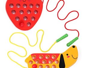 GEMEM Wooden Lacing Threading Toys Fine Motor Skill Toys for 3 Year Old Educational and Learning Montessori Toddler Travel Toy 1 Strawberry and 1 Dog