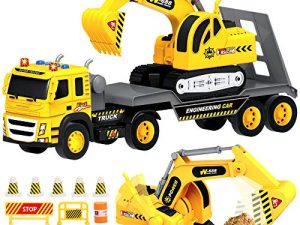 Flatbed Truck w/ Excavator Tractor - 1:12 Scale Large Size Toys - Push and Go Toy Trucks