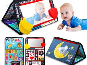 Junyobee Baby Tummy Time Floor Mirror with Soft Crinkle Books Toys - Montessori Infant Sensory Brain Development Cloth Book - Newborn Toys Gifts for Babies 0 3 6 12 Months Great Shower Gift