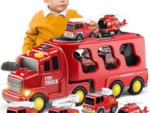 TEMI Toddler Fire Toys for 3 4 5 6 Years Old Boys Girls - 5 in 1 Carrier Truck Transport Cars for Toddlers 1-3