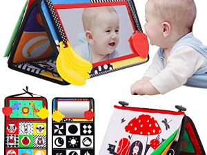 Tummy Time Baby Mirror Infant Toys Newborn Toys 0 3 Months Brain Development with Crinkle Cloth Book and Teether Black and White High Contrast Baby Toys 4 6 9 12 Month Boys Girls Crawling Sensory Toy