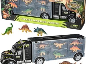 PREXTEX 16" Dinosaur Truck Carrier Playset with 6 Mini Plastic Dinosaurs