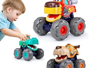 Toy Cars For 1 2 3 Year Old 3 Pack Monster truck Toy Push & Go Crocodile Car Friction Powered Bull Car Pull Back Leopard Car Big Wheel Animal Toy Car Baby Toy Gift For 12 18 Month Boys Girls Toddlers