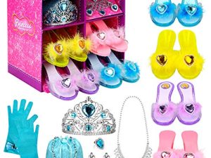 Princess Dress Up Shoes Set Girls Role Play Shoes Pretend Jewelry Toys Set Gift Set 4 Pairs of Shoes Kit Collection of Tiara Crown Earrings Necklace Rings Handbag Gloves for Girls Aged 3-6 Years Old