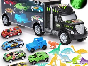 Dinosaur Transport Toy Trucks with 16 Glowing Dino Figures 6 Cars Toys for 3 4 5+ Year Old Boys Carrier Truck Playset Dinosaur Toys for Kids 3-5 5-7 Toddler Boy Toys Age 3-4 4-7 Birthday Gifts