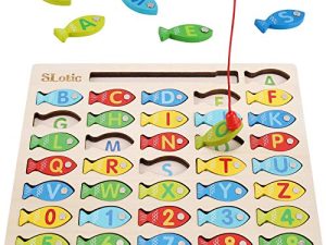 Slotic Magnetic Wooden Fishing Game Toy for Toddlers - Alphabet ABC Fish Catching Counting Learning Education Math Preschool Board Games Toys Gifts for 3 4 5 Years Old Girl Boy Kids
