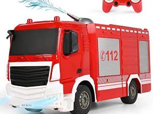 DOUBLE E Remote Control Fire Truck Toy Spray Water 350-degree Rotate Rescue RC Fire Engine Rechargeable Toy Gift for Boys Girls