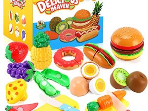 33pcs Cutting Pretend Play Food Toys for Kids Kitchen Set Playset Accessories BPA Free Peel & Cut Toy Food Fruits and Vegetables Toys