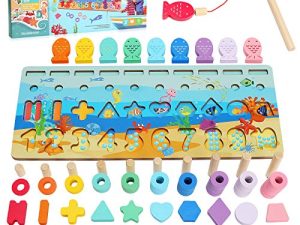 Sitodier Wooden Number Puzzle Sorting Montessori Toy for Toddlers | Shape Puzzle Matching Counting Fishing Game for Ages 2 3 4 5 Years Kids Math Stacking Preschool Educational Learning Activities Toy