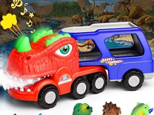 Hot Bee Dinosaur Truck Toys for Kids 3-5 Dino Trucks with Music Spray and Light-up