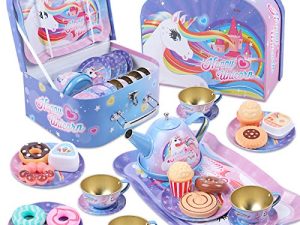 27Pcs Kids Tea Party Set for Little Girls Unicorn Gift Pretend Toy Tin Tea Set & Carrying Case & Food Sweet Treats Playset