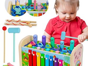 7 in 1 Hammering Pounding Toys Wooden Montessori Educational Fishing Game Xylophone Toy for 1 2 3 Year Old Baby Sensory Developmental Toy Fine Motor Skill Preschool Toddler Activities Age 1-2 2-4 Gift