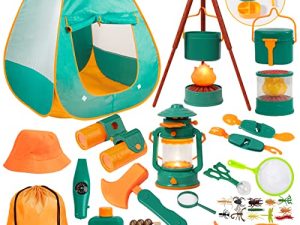 Meland Kids Camping Set with Tent 30pcs - Outdoor Campfire Toy Set for Toddlers Kids Boys Girls - Pretend Play Camp Gear Tools for Birthday Christmas (Green)