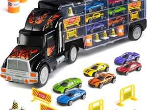 Play22 Toy Truck Transport Car Carrier - Toy Truck Includes 6 Toy Cars and Accessories - Toy Trucks Fits 28 Toy Car Slots - Great car Toys Gift for Boys and Girls - Original