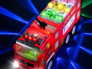 Electric Fire Truck Kids Toy - with Bright Flashing 4D Lights & Real Siren Sounds | Bump and Go Firetruck for Boys | Automatic Steering on Contact | Fire Engine Toy Trucks for Imaginative Play
