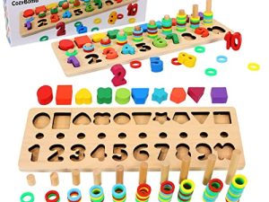 CozyBomb Wooden Number Puzzle Sorting Montessori Toys for 1 Year Old Toddlers - Shape Sorter Counting Game for age 3 4 5 year olds - Preschool Education Math Stacking Block Learning Wood Chunky Jigsaw