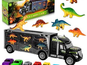 Aokesi Car Toys Transport Carrier Truck Dinosaur Toys for 3-12 Years Old Boys and Girls (Includes 6 Dinosaurs and 6 Mini Car)