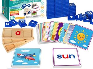 Educational Toys for 3 4 5 Years Old Kids - Wooden Short Vowel Reading Letters Spelling Toy with 50 Double-Sided Flash Cards