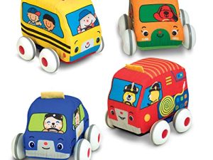 Melissa & Doug K's Kids Pull-Back Vehicle Set - Soft Baby Toy Set With 4 Cars and Trucks and Carrying Case - Pull Back Cars