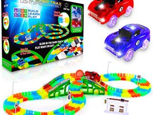 USA Toyz Glow Race Tracks and LED Toy Cars - 360pk Glow in The Dark Bendable Rainbow Race Track Set STEM Building Toys for Boys and Girls with 2 Light Up Toy Cars
