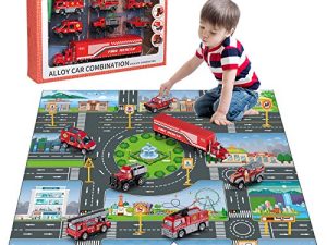 TEMI Diecast Emergency Fire Rescue Vehicle Toy Set w/ Play Mat