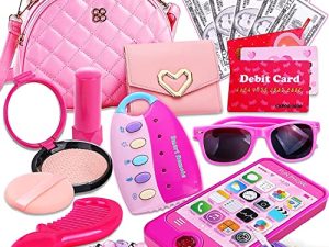 Peertoys Kids Makeup Kit Girls Purse - Cute Pretend Cosmetics Mini Bag Toy Cell Phone Wallet Money Credit Card Accessories Kit Gifts Baby Girl Princess Toddler Ages 3