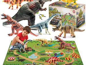 6 Large Realistic Dinosaur Toys for Kids 3 - 5 with Roar Sounds and Dinosaur Play mat - Includes T-rex Toy - Dinosaur Playset Gift for Boys & Girls