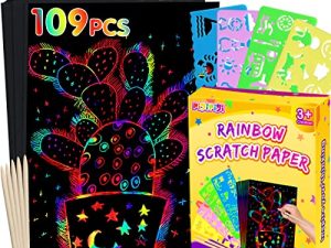 pigipigi Rainbow Scratch Paper Art - 109 Pcs Magic Scratch Off Craft Kit for Kids Color Drawing Note Pad Supply for Children Girls Boys DIY Party Favor Game Activity Birthday Christmas Toy Gift Set