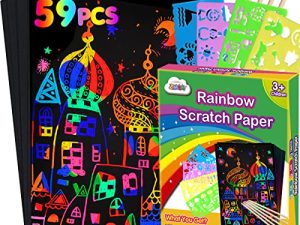 ZMLM Scratch Paper Art Set: 59Pcs Magic Drawing Art Craft Kid Black Scratch Off Paper Supply Kit Toddler Preschool Learning Bulk Toy for Age 3 4 5 6 7 8 9 10 Girl Boy Christmas Birthday Party Gift