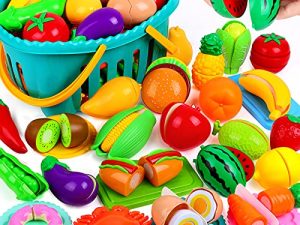 OCATO 70PCS Cutting Play Food Set for Kids Kitchen Toys Food Cutting Toys Fruits and Vegetables with Storage Basket Fake Food Pretend Play Kitchen Accessories Toys for Toddlers Boys Girls Xmas Gifts